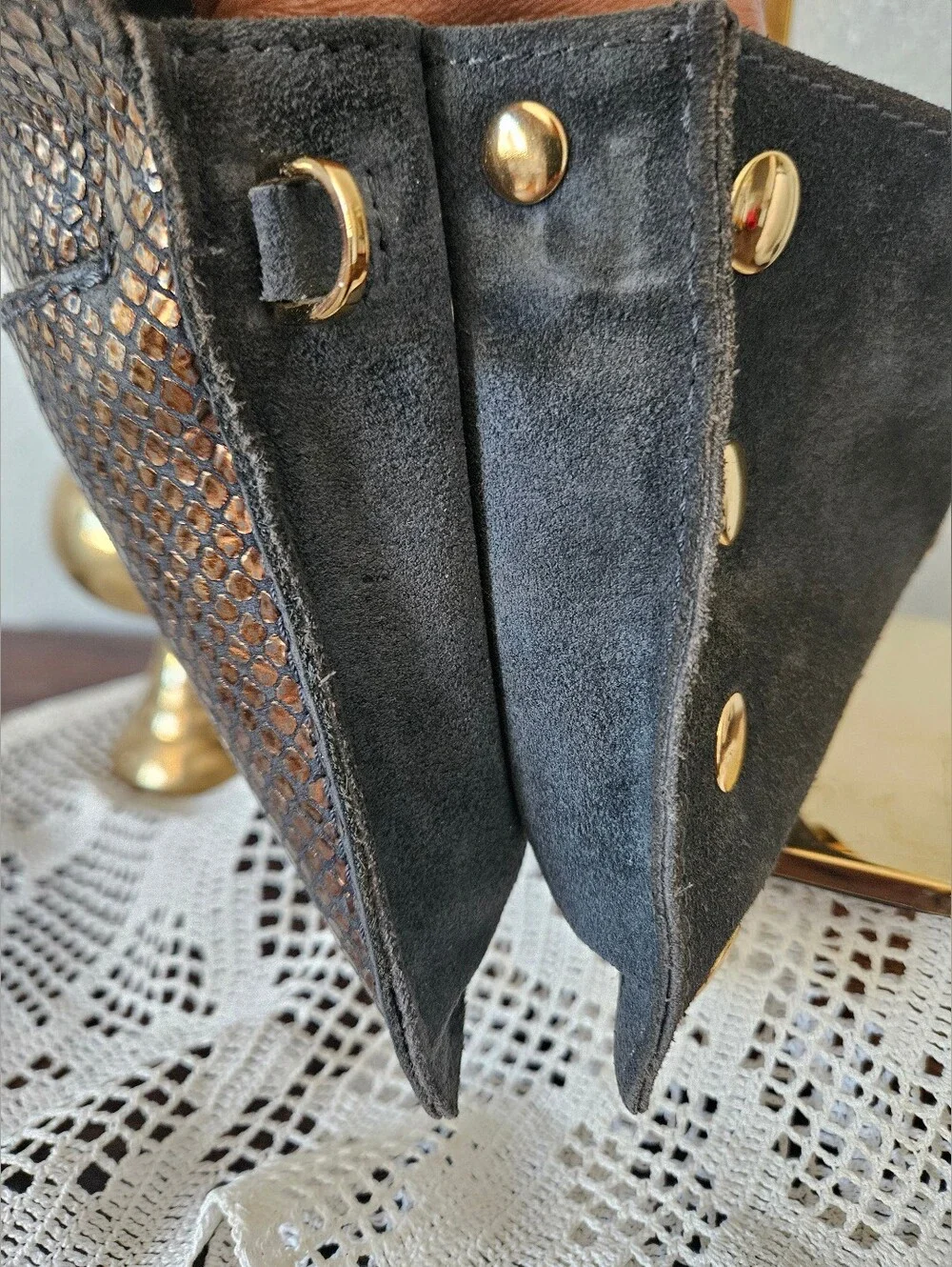 Hammitt Contrast Snakeskin & Suede Envelope Wallet Clutch Boho Luxe Gold Rivet.